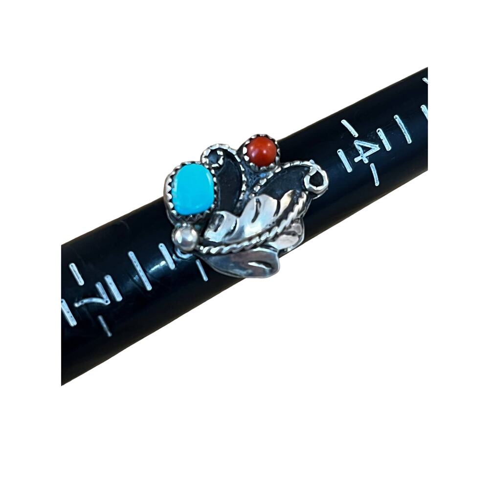 Vintage sterling silver turquoise and coral Native American ring size 5.5 - Picture 8 of 9
